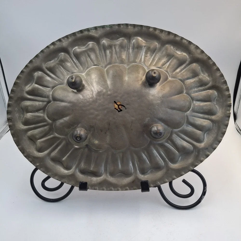Vintage Italian Copper Footed‎ Tray Scalloped Fluted Oval Serving Platter Italy